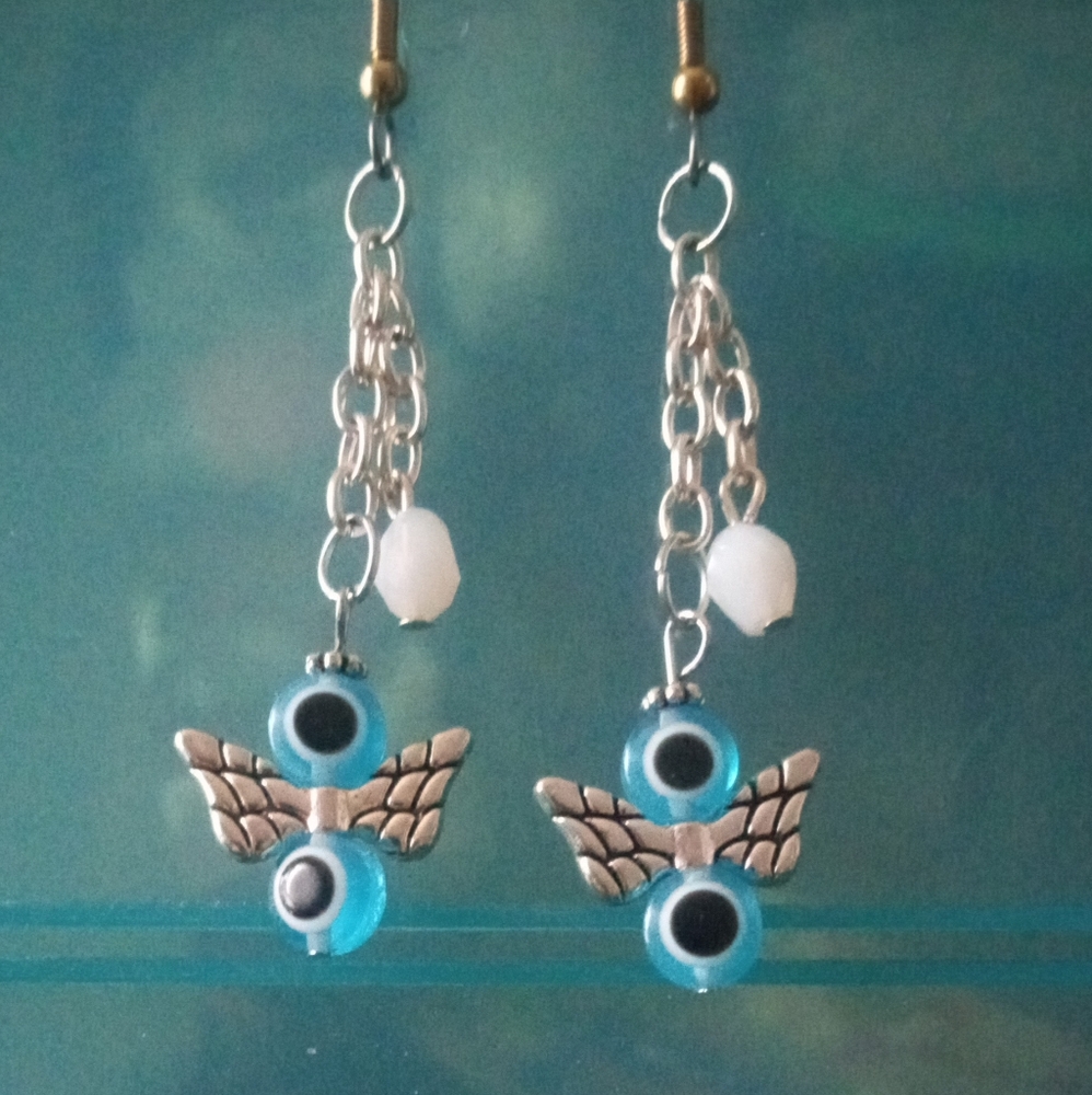 Silver and Blue Wing Charm Earrings with Beads
